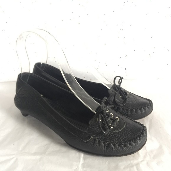 Via Spiga Black Pebbled Leather Lace up Kitten Heel Moccasin Shoe  Size 6 Ballet - Picture 4 of 12